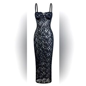 Lace Bustier Slit Slip Maxi Dress